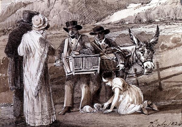 Dos hombres vendiendo cobayas, uno con un organillero de John Harden
