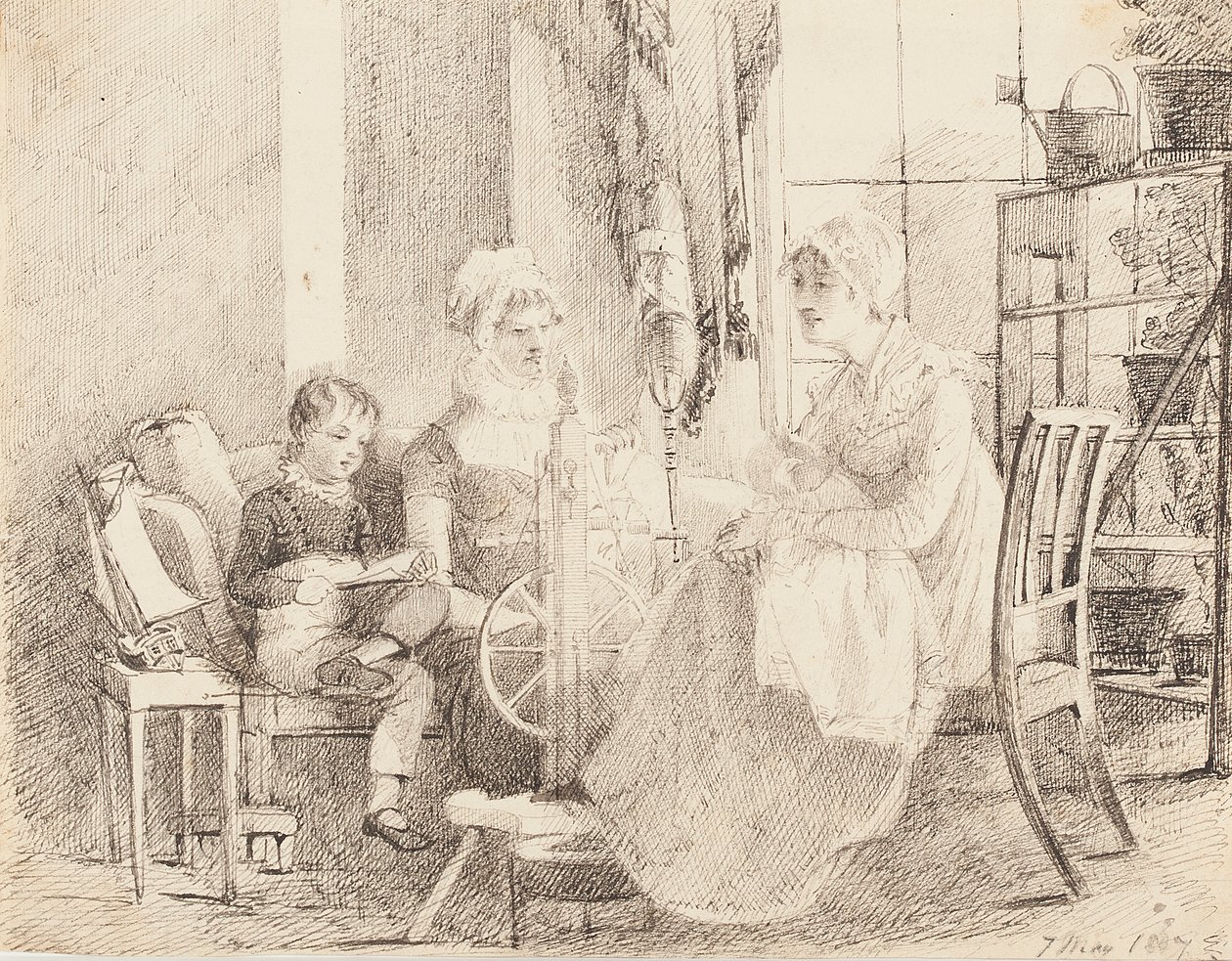 Mujeres en la rueca y un niño con un barco de juguete, 1807 de John Harden