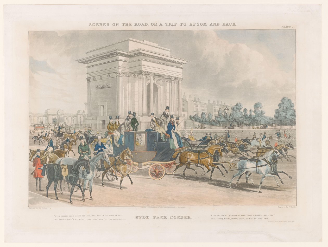 Vista de una calle y Wellington Arch en Hyde Park Corner Hye Park Corner (título sobre el objeto) Paisajes urbanos alrededor de Epsom (título de la serie) Escenas en el camino o un viaje a Epsom y de regreso (título de la serie) de John Harris