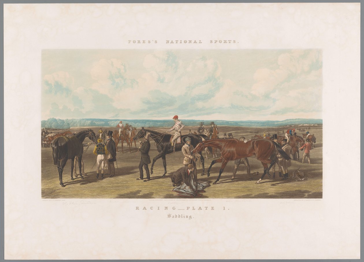 Los caballos están ensillados para la carrera. Carreras - Placa 1. Silla de montar (título sobre objeto) Deportes nacionales de Fores (título de la serie) Deportes nacionales de Fore (título de la serie) de John Harris