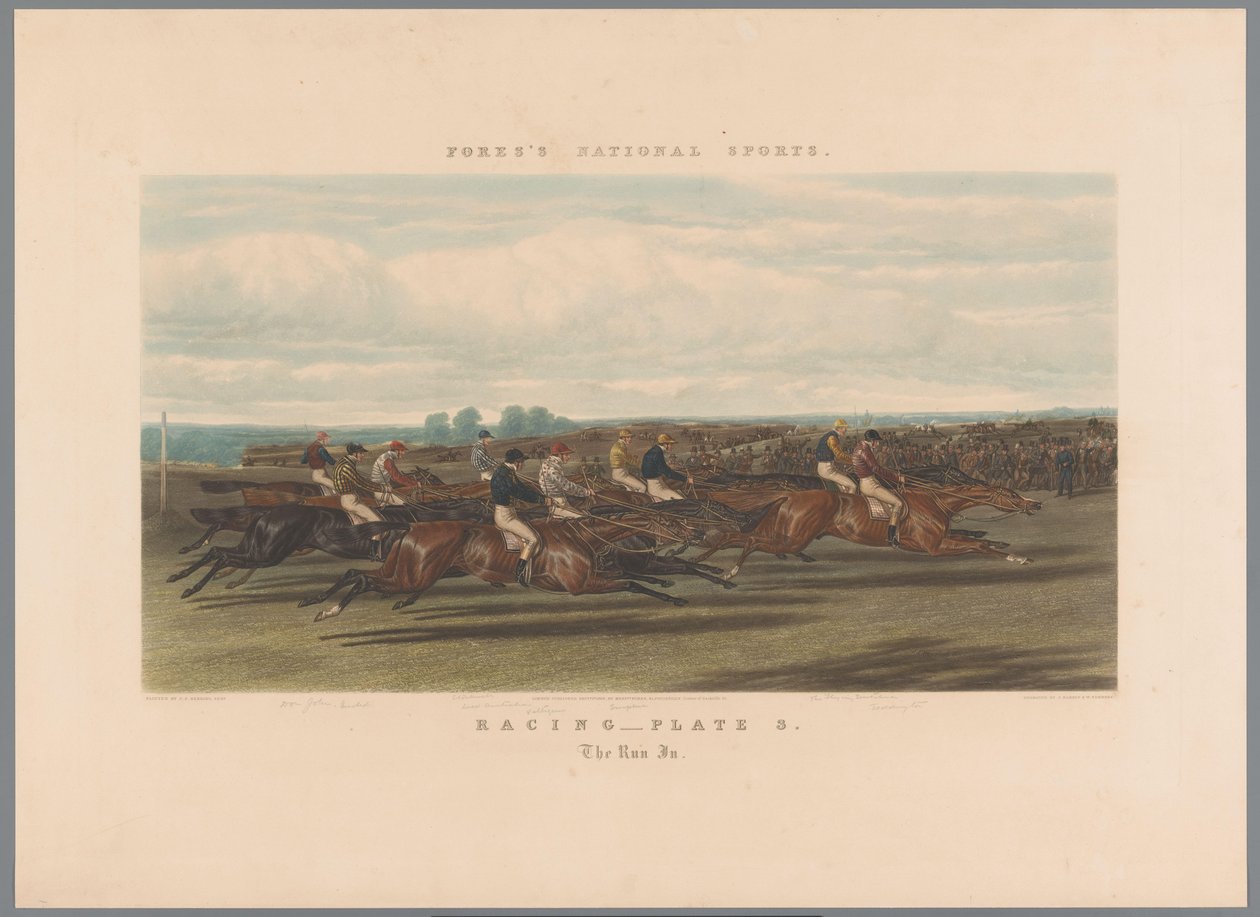 Carrera de paarden Carreras - placa 3. El Run In (título sobre el objeto) Fores nationale sporten (título de la serie) Deportes nacionales de Fore (título de la serie) de John Harris