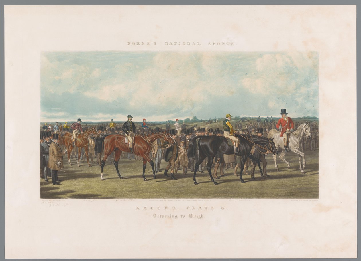 Regreso después de la carrera de caballos. Carreras - Lámina 4. Volviendo a Pesar (título sobre objeto) Deportes nacionales de Fores (título de la serie) Deportes nacionales de Fore (título de la serie) de John Harris