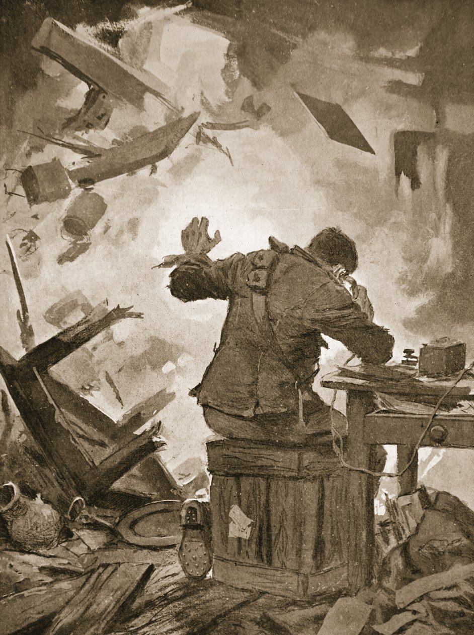 El bombardero francés terminando su mensaje después de que una bomba atravesara la habitación en la que estaba telefoneando de John Harris Valda