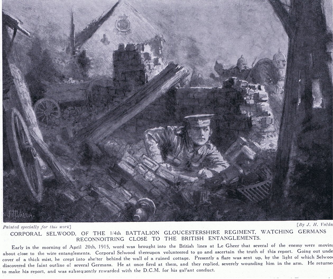 El cabo Selwood ganó un DCM por observar a los alemanes reconociendo cerca de los enredos británicos en Le Gheer abril 1915 de John Harris Valda