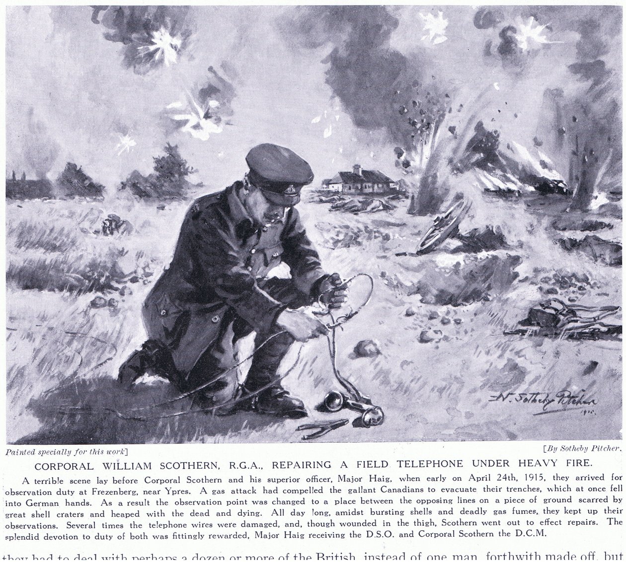 El cabo William Scothern RGA reparando un teléfono de campo bajo fuego intenso fue galardonado con la DCM en Ypres, mayo 1915 de John Harris Valda