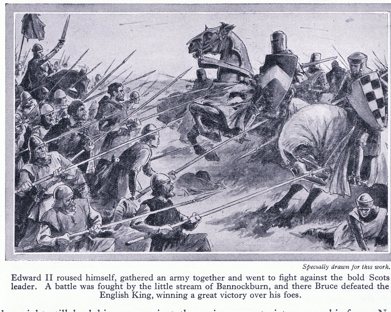 Eduardo II reunió un ejército y libró una batalla en Bannockburn en 1314 d.C., donde Bruce derrotó a los ingleses, c.1950 de John Harris Valda