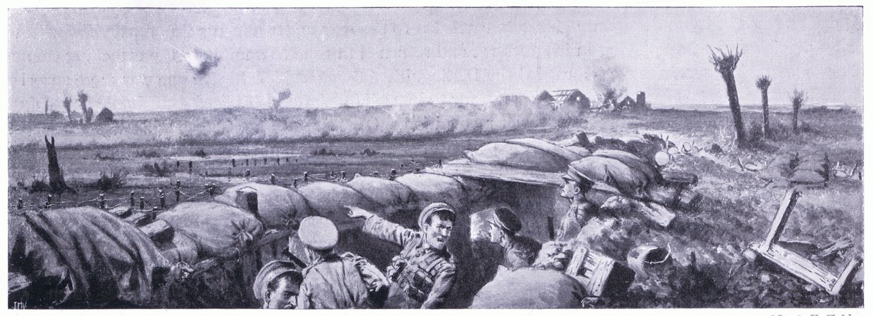 Ataque de gas en las trincheras de los 2º Fusileros de Lancashire en el que el soldado Lyn perdió la vida pero ganó la VC. Ypres abril 1915 de John Harris Valda