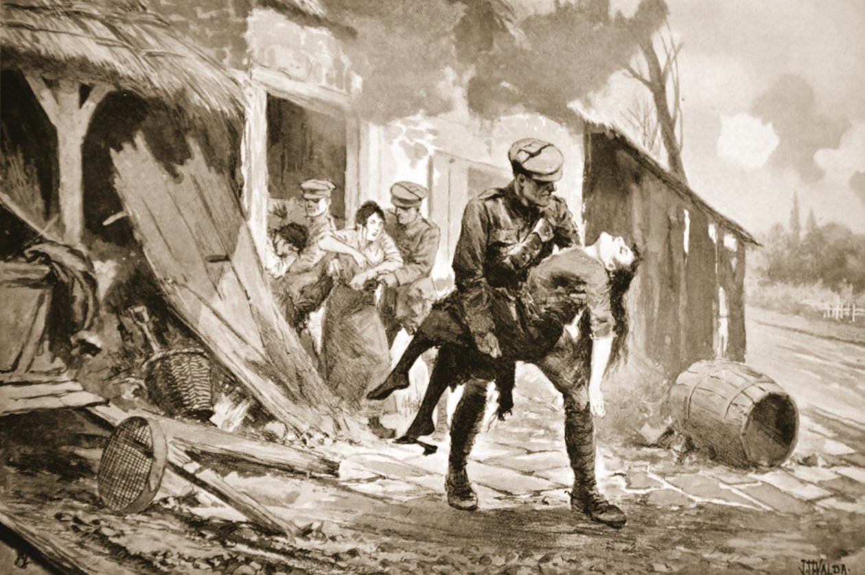 Artillero Rafferty llevando a una mujer herida a un lugar seguro desde una granja que estaba siendo bombardeada de John Harris Valda