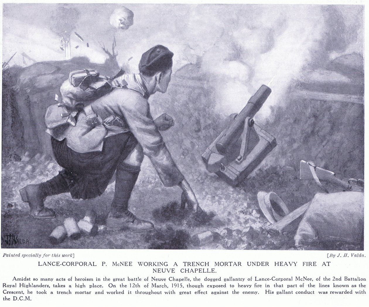 Cabo P McNee trabajando un mortero de trinchera bajo fuego intenso en Neuve Chapelle de John Harris Valda