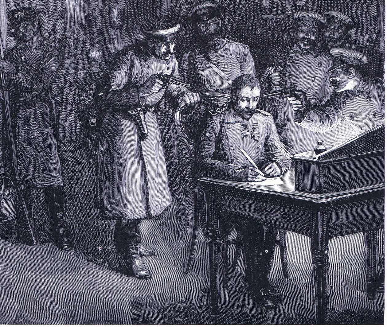 El príncipe Alejandro firmando su abdicación 1886, ilustración de Historia de las Naciones de Hutchinson VOL 4 c.1920s de John Harris Valda