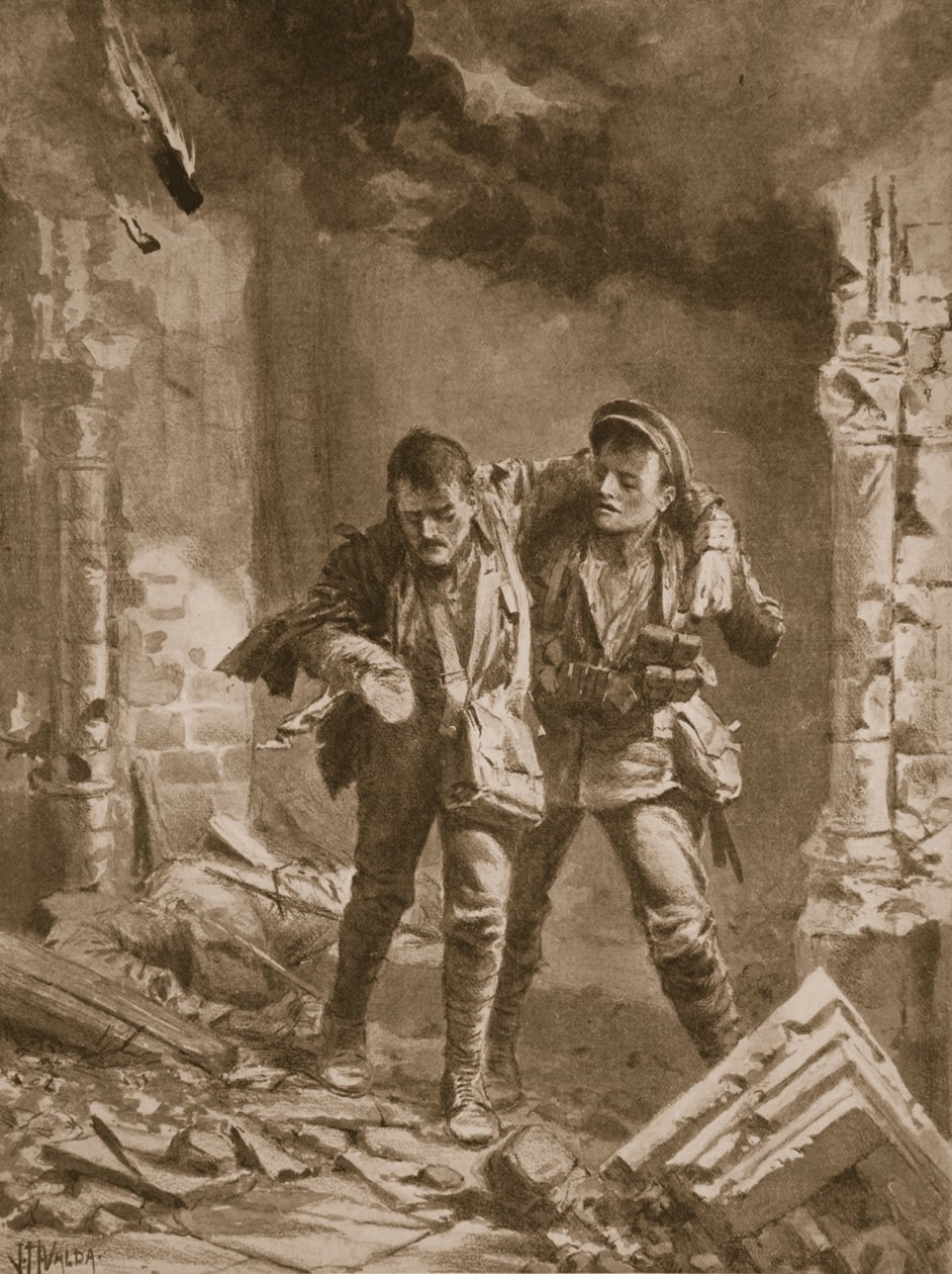 El soldado A.E. Walker asistiendo a un camarada herido desde una iglesia en llamas que se usaba como hospital de John Harris Valda