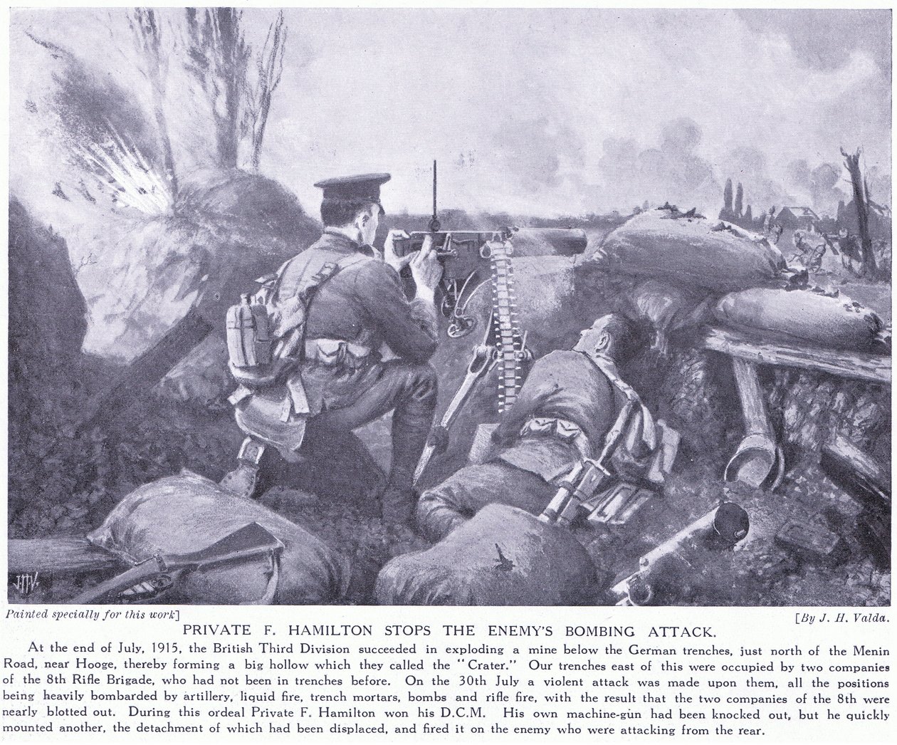 El soldado F Hamilton premiado con la DCM por detener el ataque de bombas del enemigo en julio de 1915 en Hooge de John Harris Valda