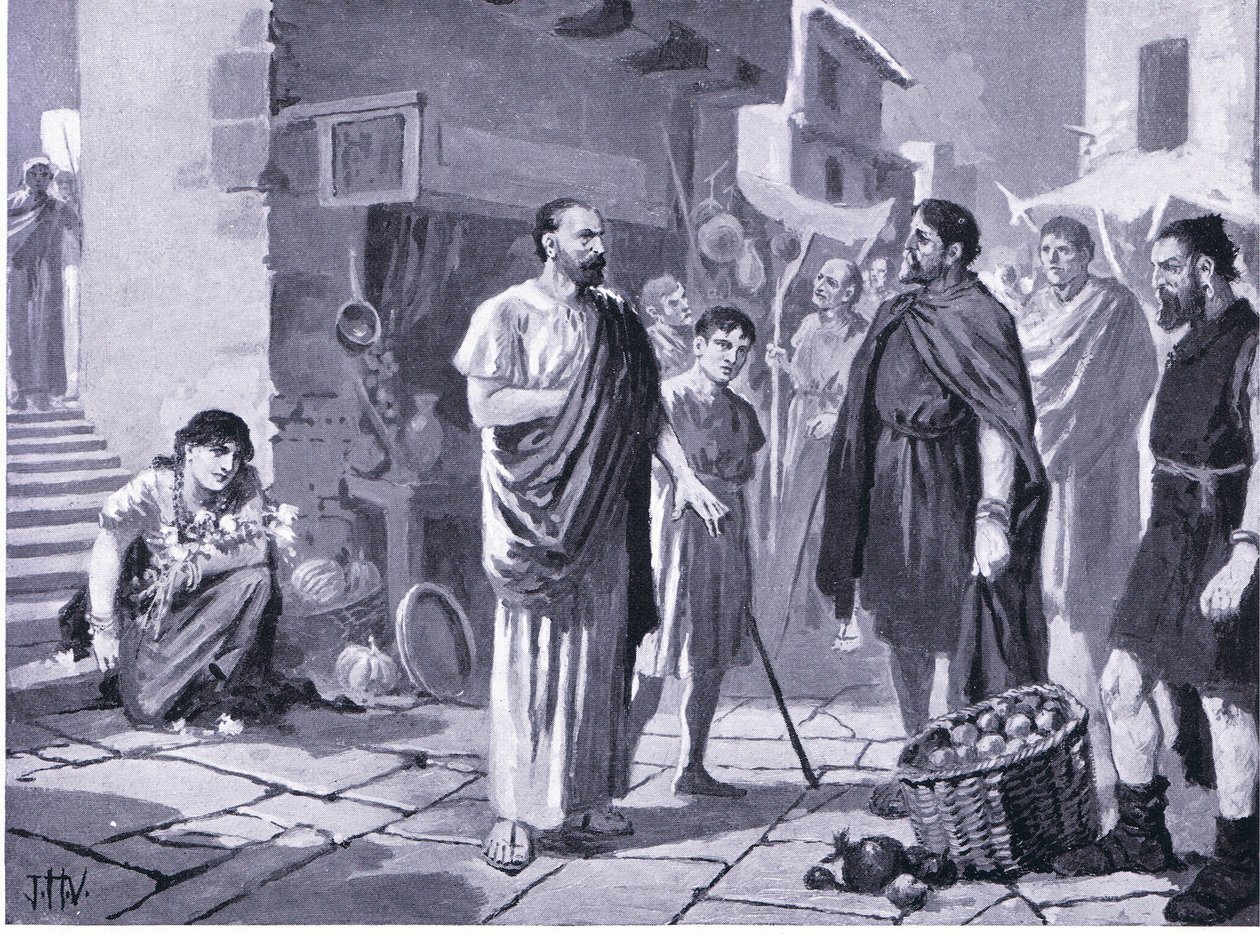 Colonizadores romanos comerciando con nativos dacios, ilustración de Historia de las Naciones de Hutchinson VOL 4 c.1920s de John Harris Valda