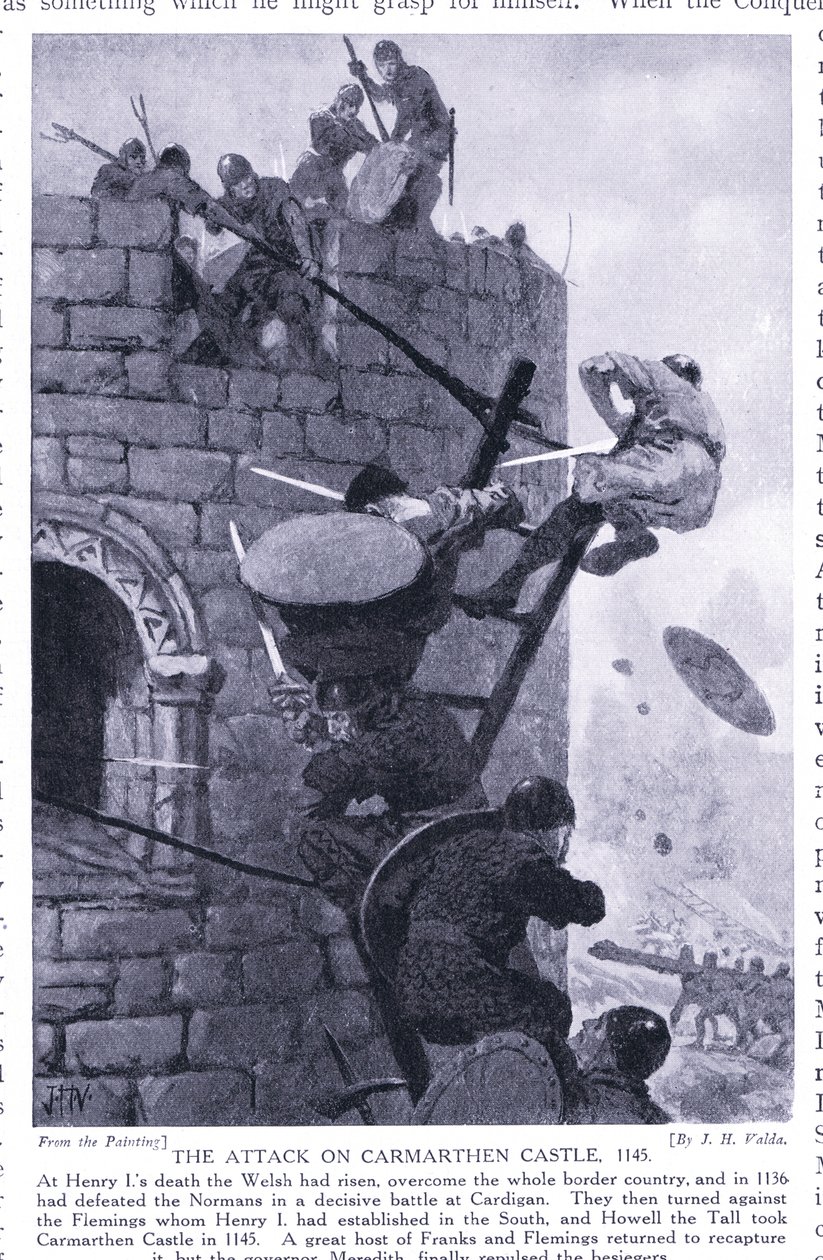 El ataque al castillo de Carmarthen AD1136, años 1920 de John Harris Valda