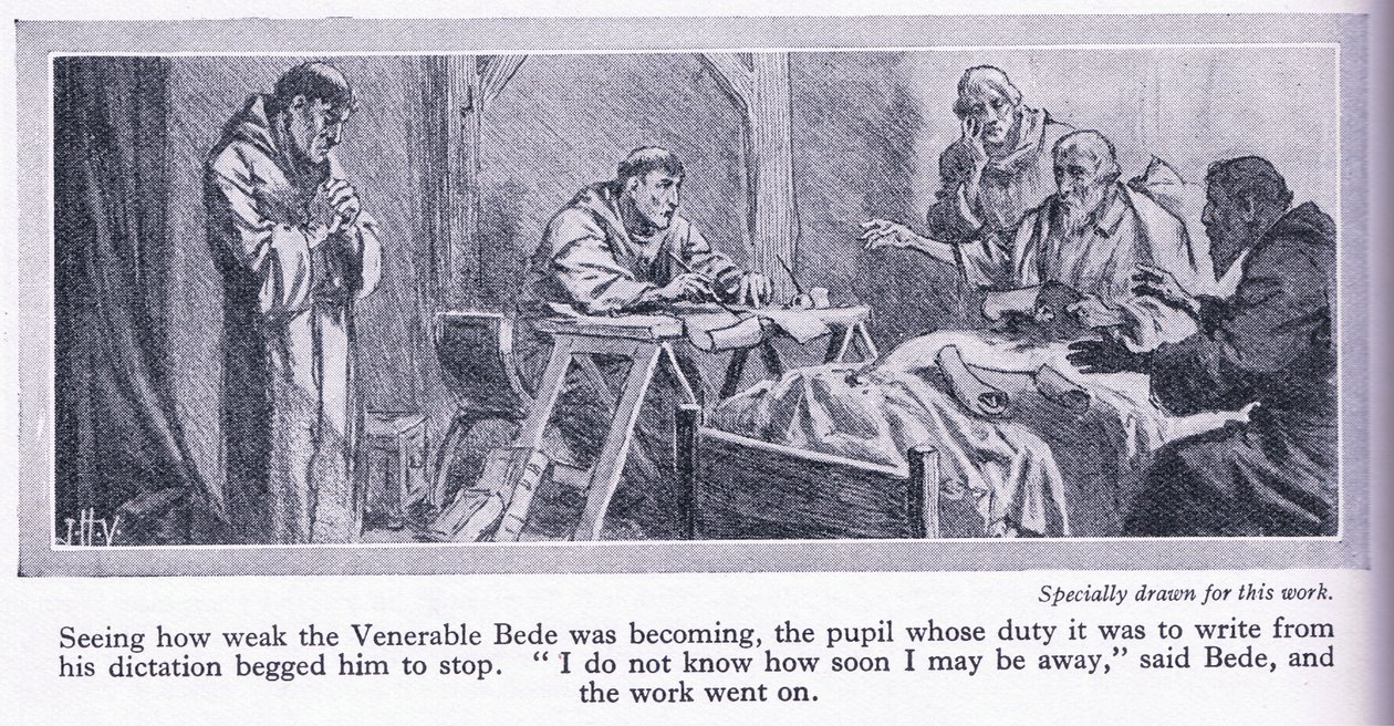Los últimos días del Venerable Beda traduciendo el Evangelio de San Juan al inglés 735 AD, c.1950 de John Harris Valda