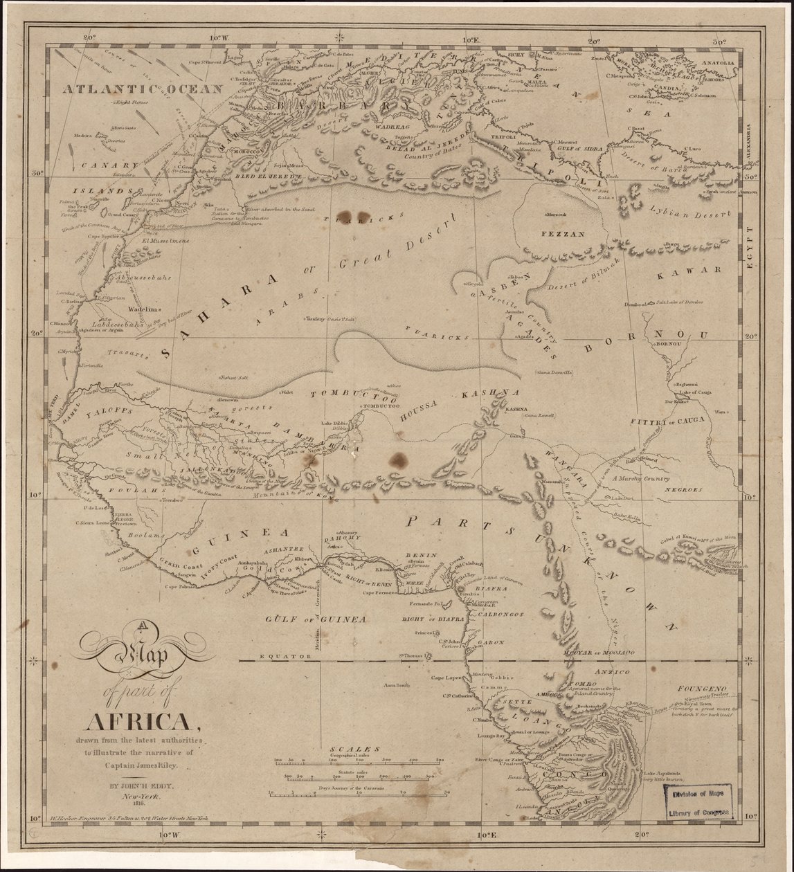 Mapa de parte de África - dibujado por las últimas autoridades para ilustrar la narración del capitán James Riley LOC 2009583840 de John Hartshorne