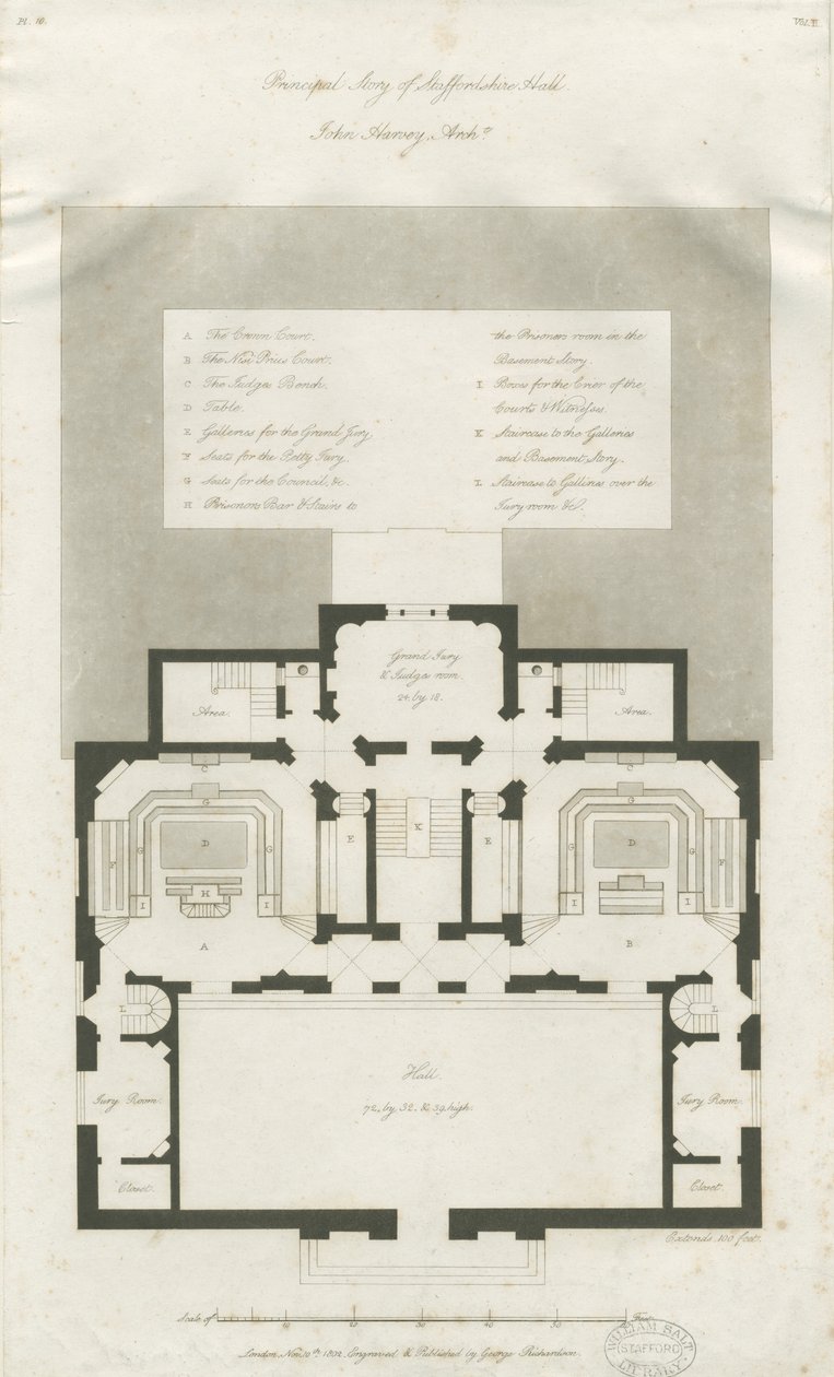 Stafford - Plano del piso principal del Shire Hall: grabado, nd [1794-1798] de John Harvey