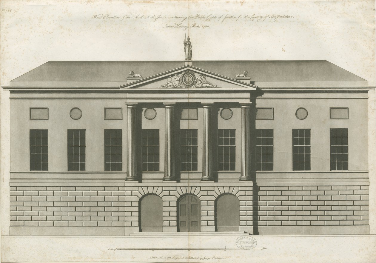 Stafford - Shire Hall: grabado al aguatinta de John Harvey