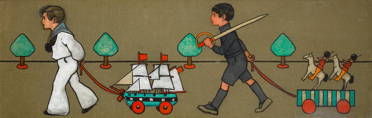 Diseño original del friso "Desfile de niños con juguetes", c.1900 (gouache sobre papel marrón) de John Hassall