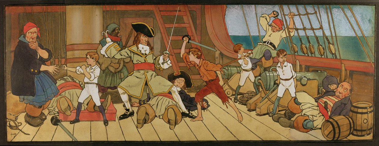 Los Niños Perdidos en Combate con los Piratas y Peter en el Duelo Final con el Capitán Garfio, ilustración de 