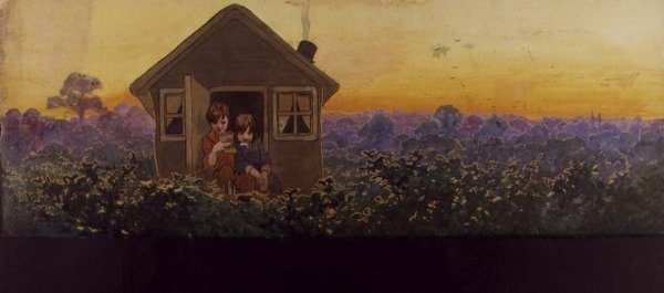Las copas de los árboles al atardecer un año después: Peter en la casita con Wendy en su visita anual de limpieza de primavera, ilustración de "Peter Pan", c.1906 de John Hassall
