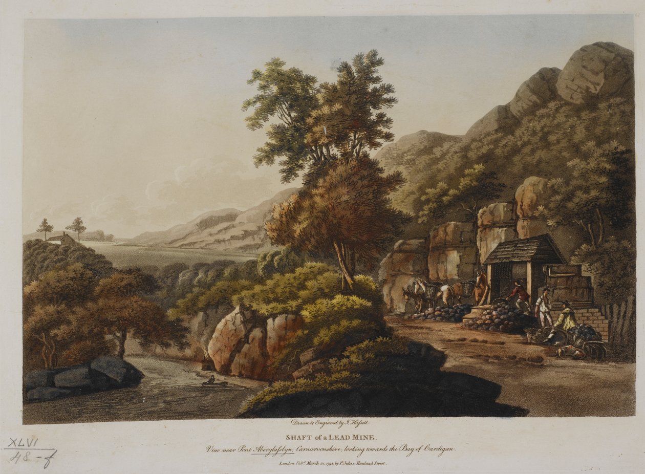 Eje de una mina de plomo. Vista cerca de Pont Aberglaslyn, Carnarvonshire, mirando hacia la Bahía de Cardigan, publicado en 1798 (grabado en color) de John Hassell