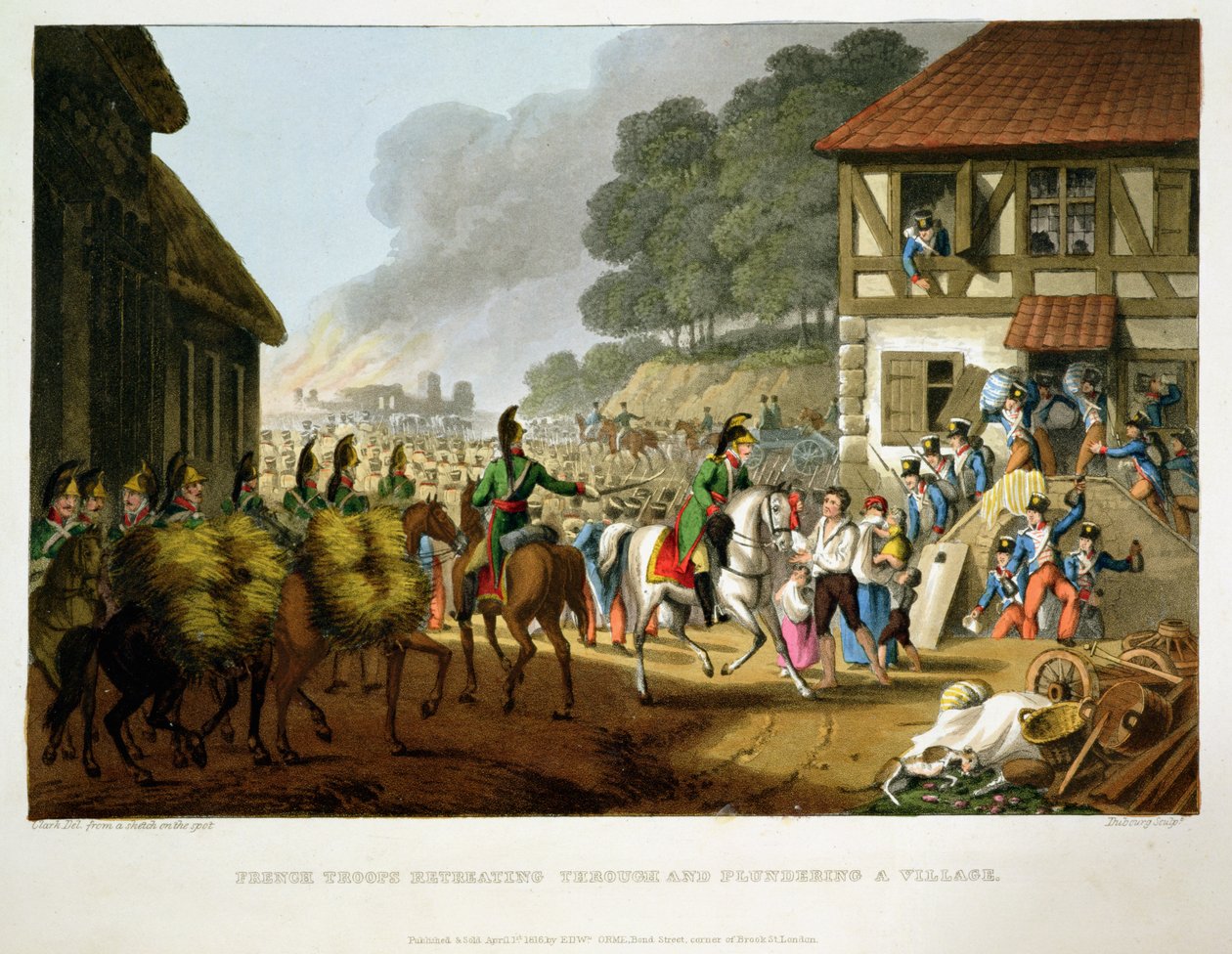 Tropas Francesas Retirándose y Saqueando un Pueblo, grabado por Matthew Dubourg de 