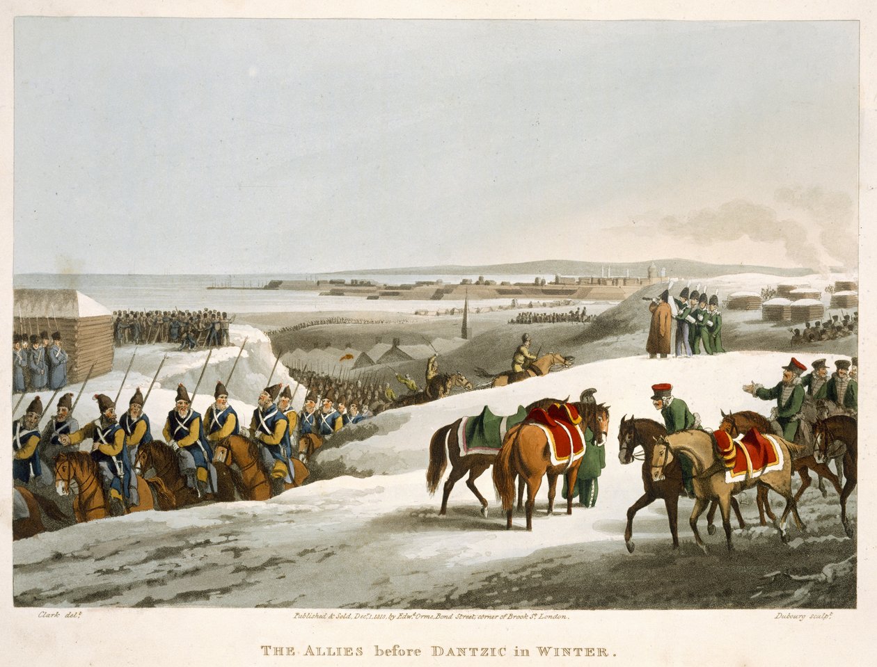 Los aliados ante Dantzic en invierno, grabado por Matthew Dubourg (fl.1813-20) de 