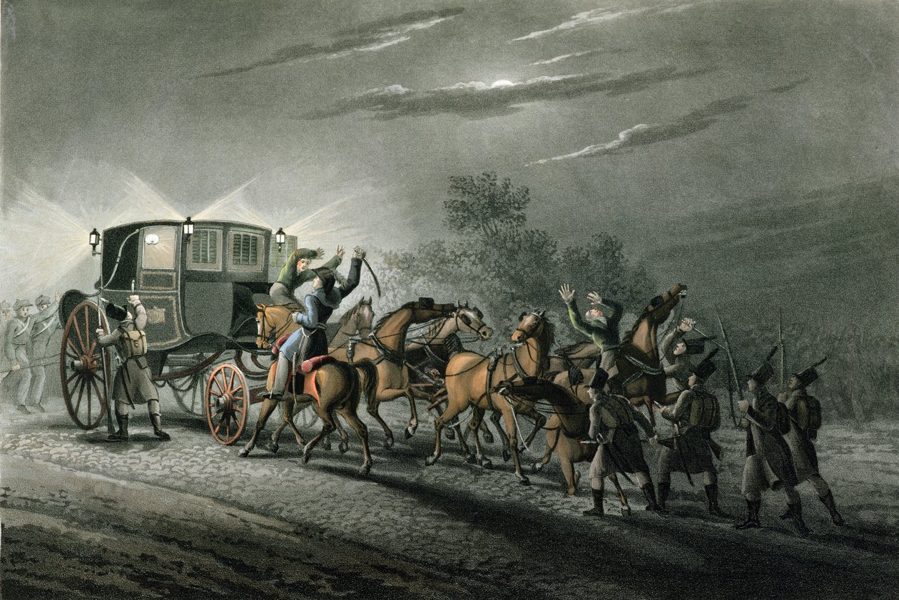 La captura del carruaje, papeles y tesoro de Bonaparte por el Mayor von Keller, Waterloo, 18 de junio de 1815, grabado por Matthew Dubourg de John Heaviside Clark