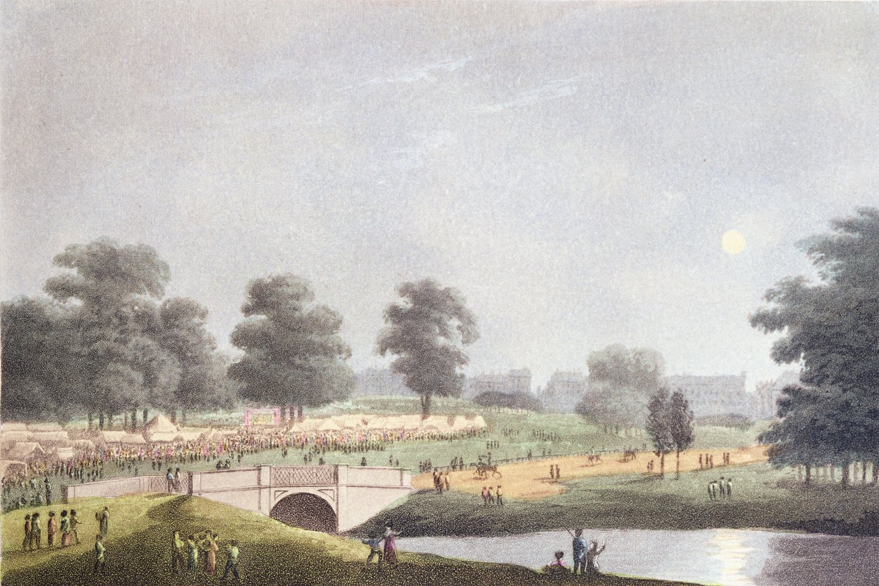 La vista de la feria en Hyde Park, grabado por Matthew Dubourg, 1 de agosto de 1814 (grabado coloreado) de John Heaviside Clark