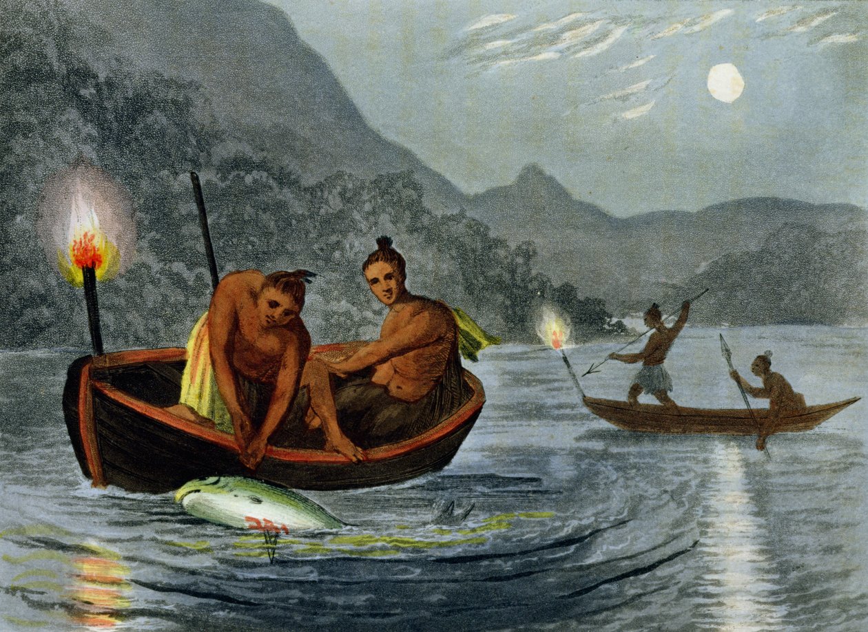 Pesca con antorcha en América del Norte, grabado por H. Merke, publicado por Edward Orme, 1813 de John Heaviside Clark