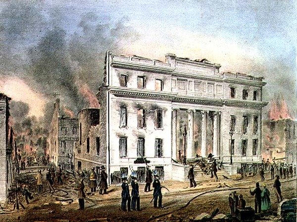 Ruinas del Intercambio de Mercaderes de Nueva York, grabado por Nathaniel Currier, publicado por J. Disturnell y el artista de John Henry (after) Bufford