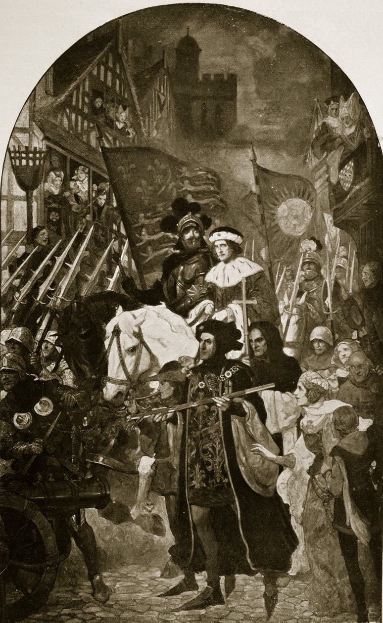 Enrique VI es llevado a la Batalla de Barnet, 1471, ilustración de 