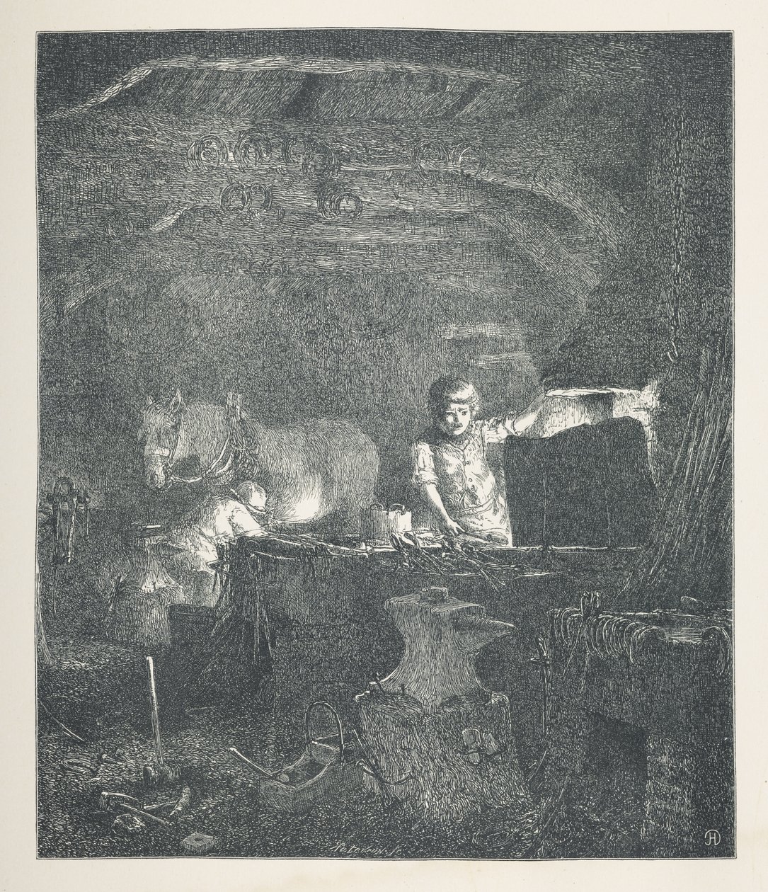 Lámina 13. Un herrero.  Imágenes de la naturaleza. Una serie de treinta ilustraciones originales dibujadas en madera por J. H. Dell y grabadas por R. Paterson.  Juan Enrique Dell de John Henry Dell