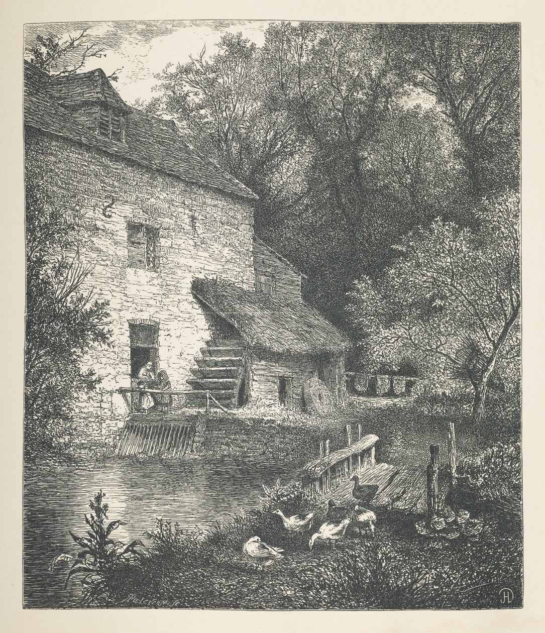 Lámina 14. Una casa y un molino de agua.  Imágenes de la naturaleza. Una serie de treinta ilustraciones originales dibujadas en madera por J. H. Dell y grabadas por R. Paterson.  Juan Enrique Dell de John Henry Dell
