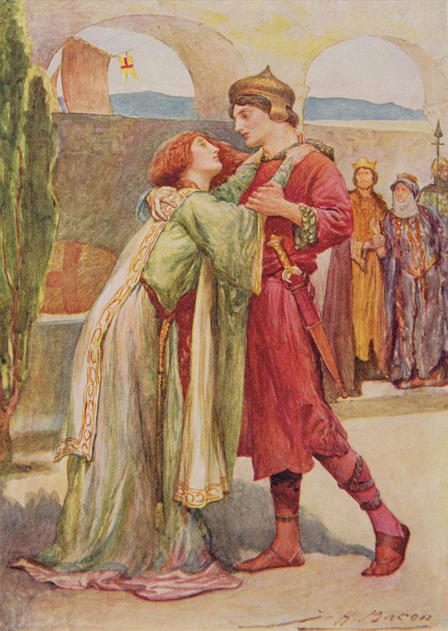 Posthumus e Imogen en Cimbelino de Historias infantiles de Shakespeare por Edith Nesbit (1858-1924) pub. por Raphael Tuck & Sons Ltd., Londres de John Henry Frederick Bacon