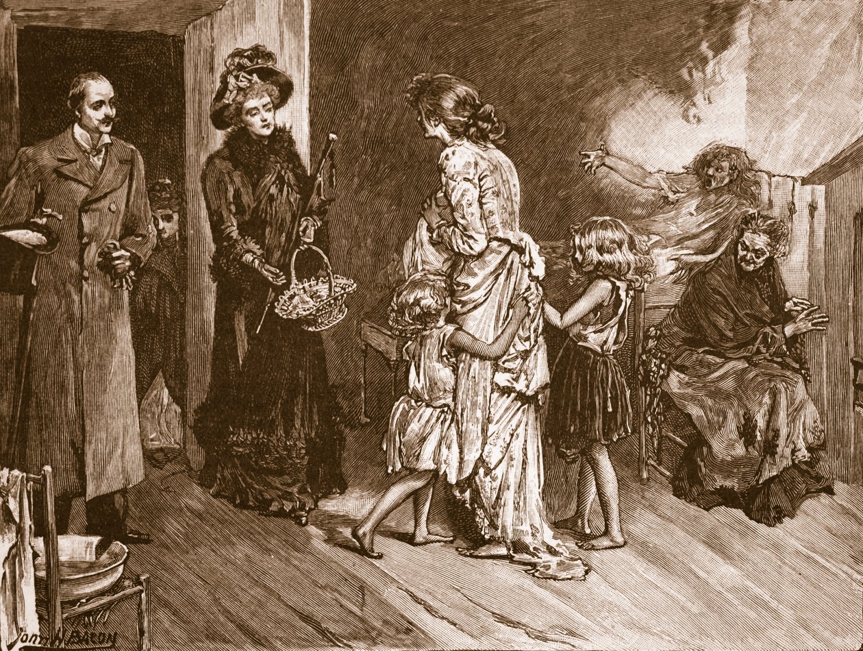Occidente se encuentra con Oriente: visitantes acomodados en una vivienda de tugurios, ilustración de 