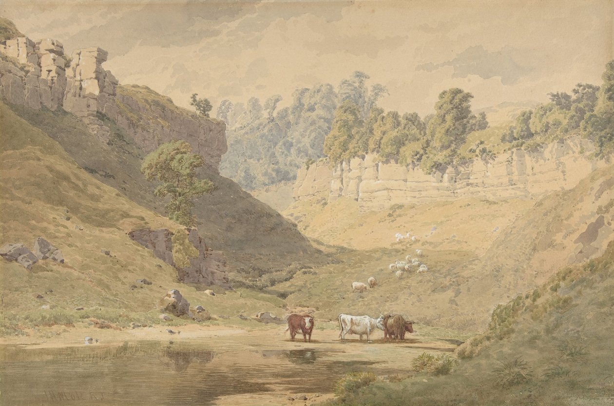 Ganado en un abrevadero en un valle, 1830-86 de John Henry Mole