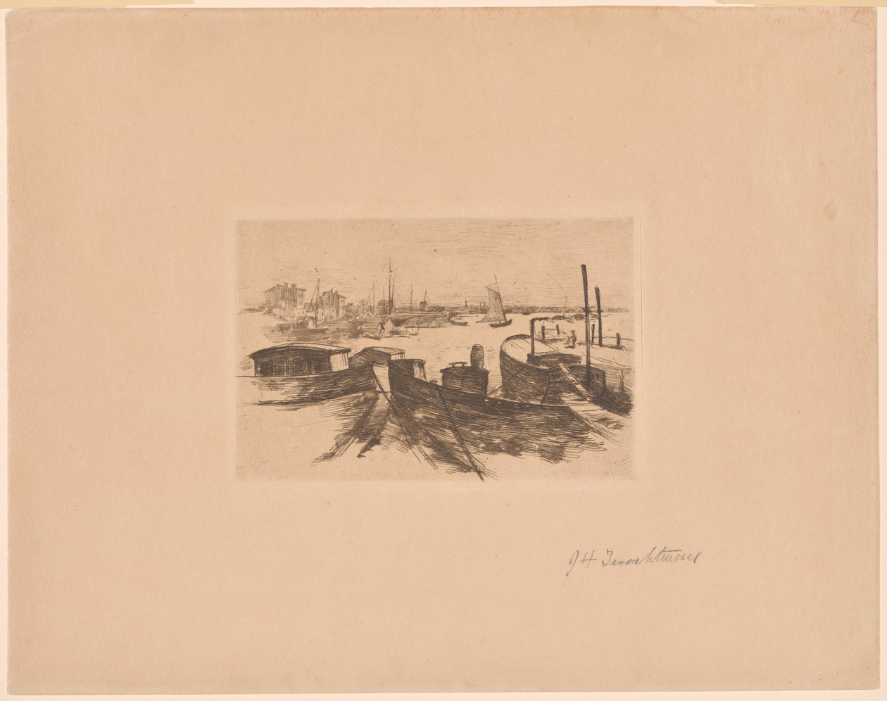 Puerto con barcazas de John Henry Twachtman