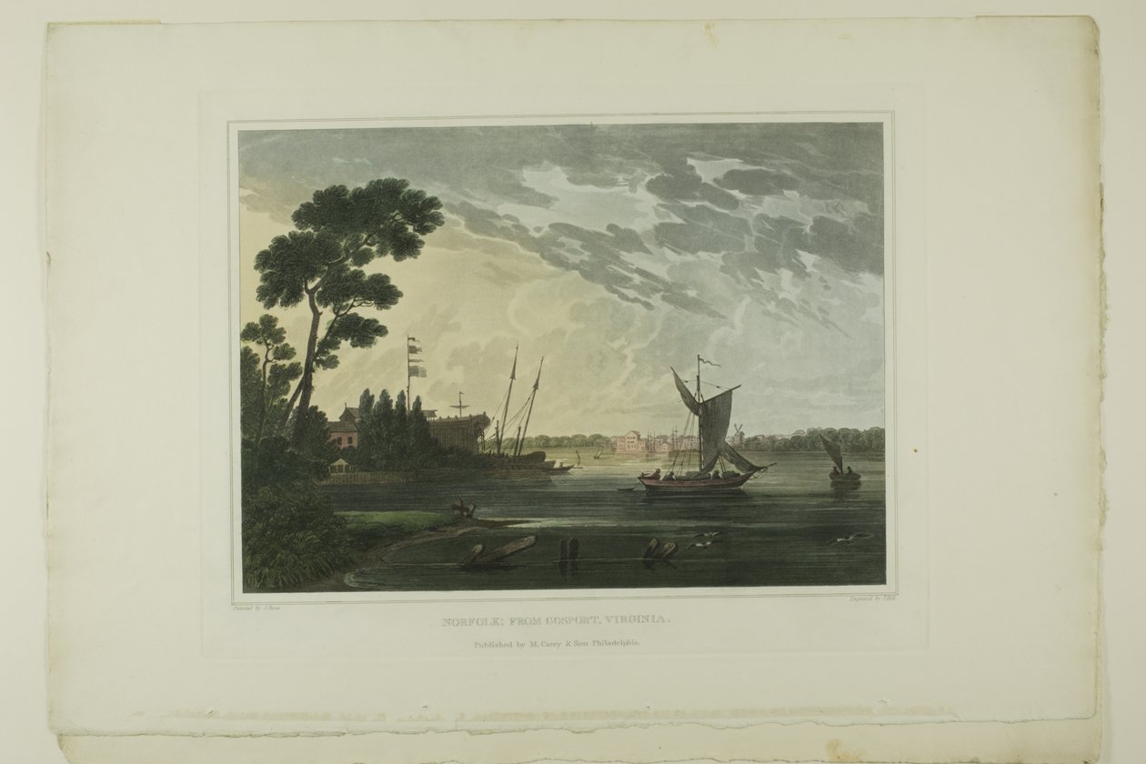Norfolk; Desde Gosport, Virginia, placa cinco del segundo número de Vistas pintorescas del paisaje americano de John Hill