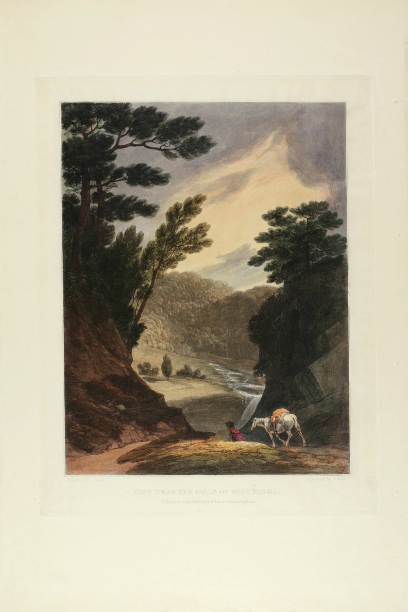 Vista cerca de las cataratas de Schuylkill, Pensilvania, lámina cinco del primer número de Picturesque Views of American Scenery de John Hill