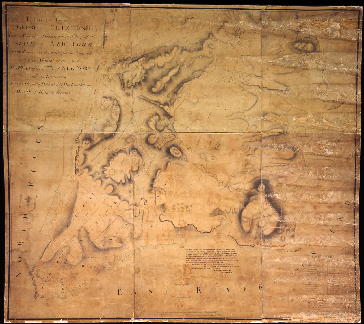 A su excelencia George Clinton, Esq. . . .Este plan de la ciudad de Nueva York y sus alrededores . . ., 1785 de John Hills