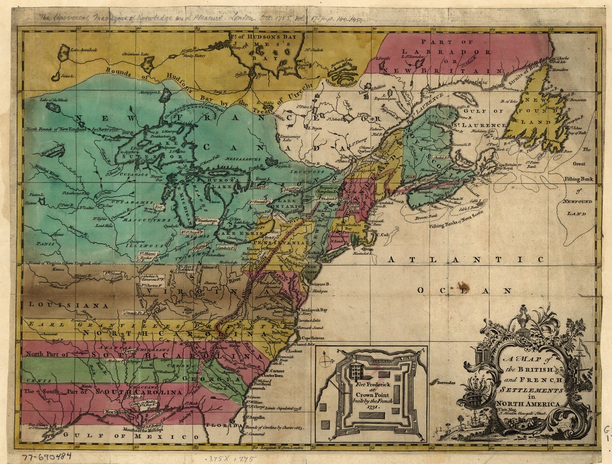 Mapa de los asentamientos británicos y franceses en Norteamérica. LOC 77690484 de John Hinton