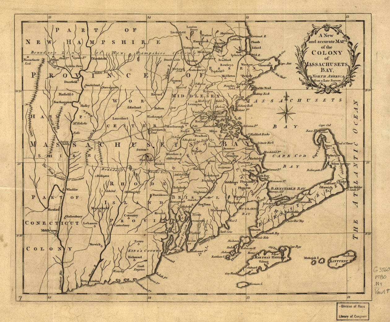 Mapa nuevo y preciso de la colonia de la bahía de Massachusets, en América del Norte, extraído de un levantamiento topográfico tardío. LOC 2001620337 de John Hinton