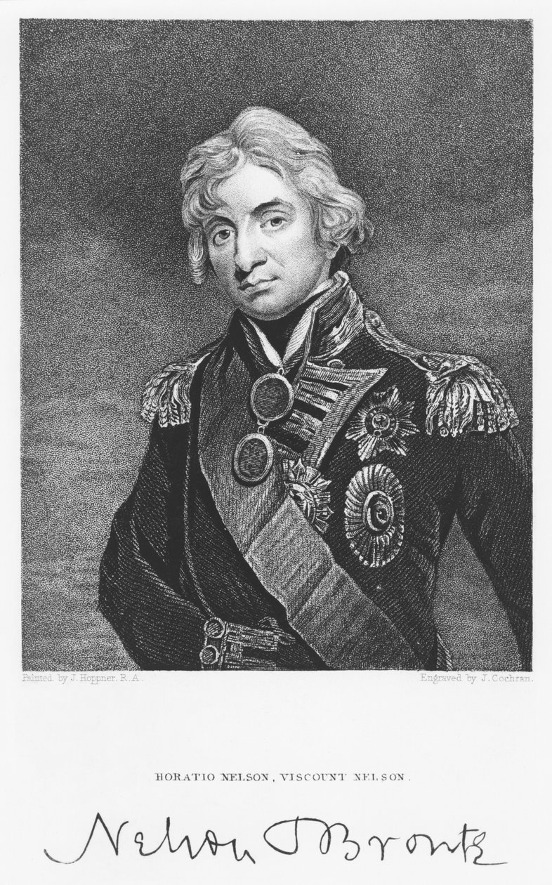 Retrato del almirante Horatio Nelson con su firma, grabado por John Cochran (fl.1821-65) de John Hoppner