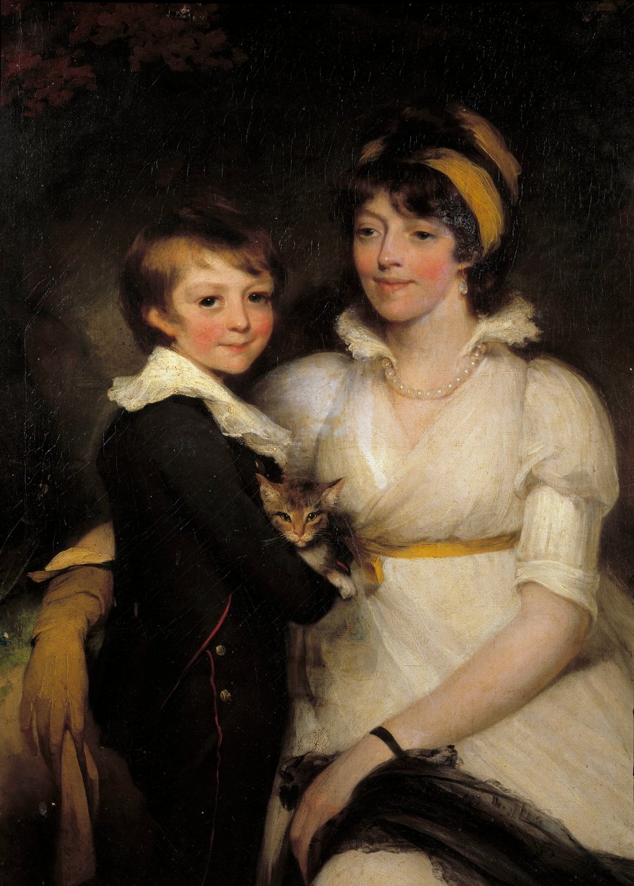 Joven mujer y niño pequeño sosteniendo un gato de John Hoppner