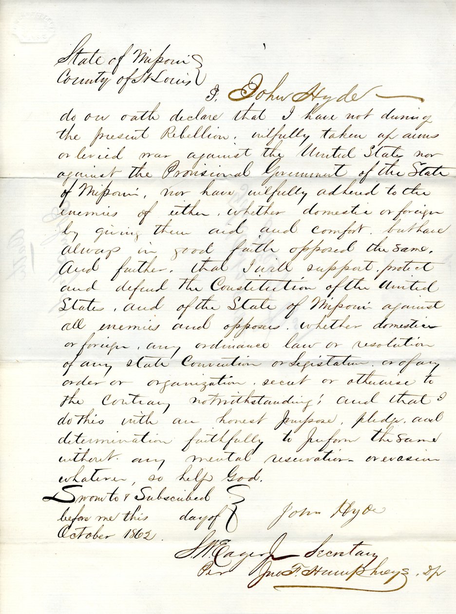 Juramento de lealtad de John Hyde de Missouri, Condado de St. Louis de John Hyde