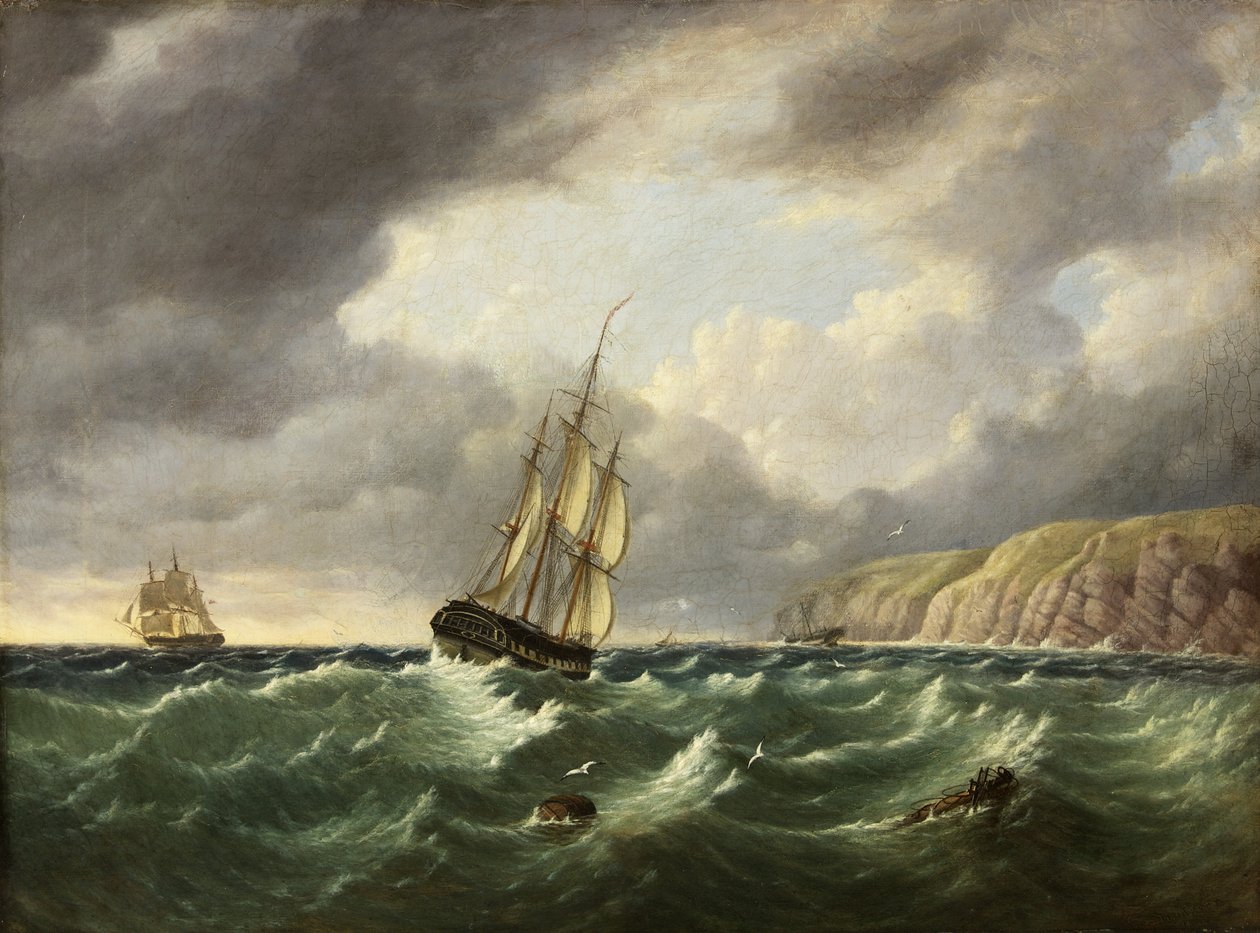Marina, con dos barcos y acantilados de John I. Harvey
