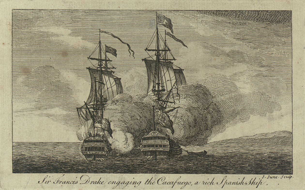 Sir Francis Drake aborda el "Cacafuego", un rico barco español de John June