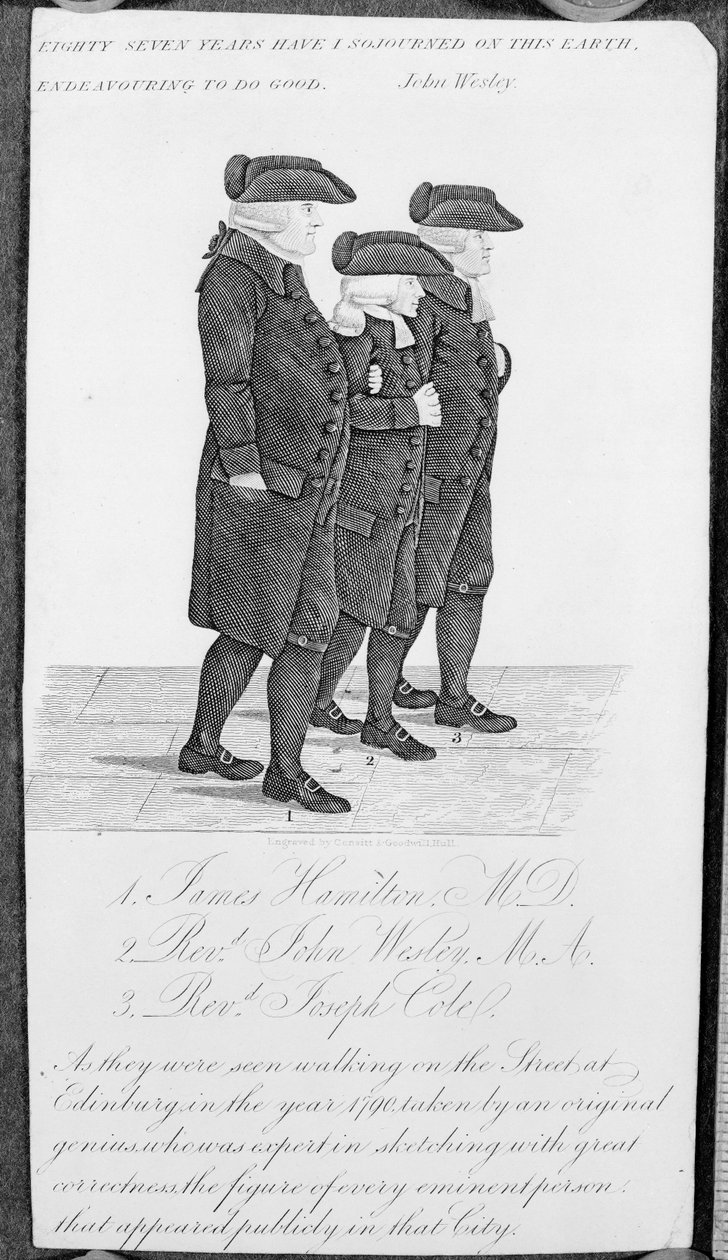 John Wesley caminando en Edimburgo entre James Hamilton M.D. y Joseph Cole de John Kay